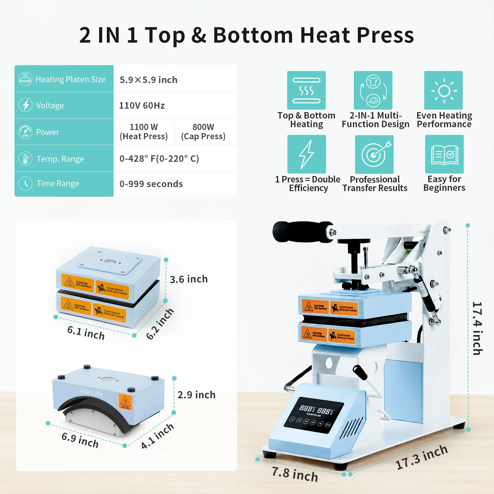 2 in 1 Heat Press Machine for Crafts (Dual Heating Flat 15x15cm + Cap Attachment) thumbnail 6