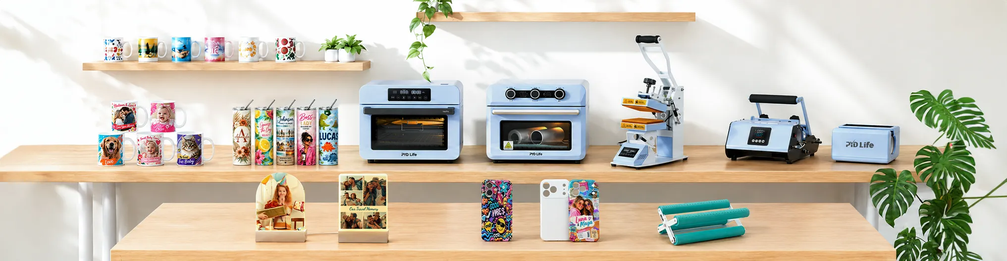 PYD Life sublimation machines and customized printing products in workshop environment