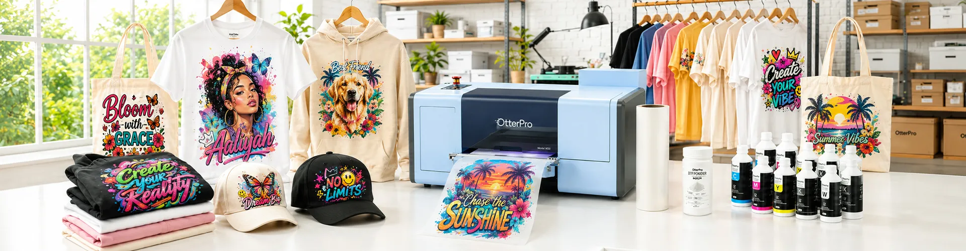 DTF printer with custom shirts hoodies hats and apparel printing products