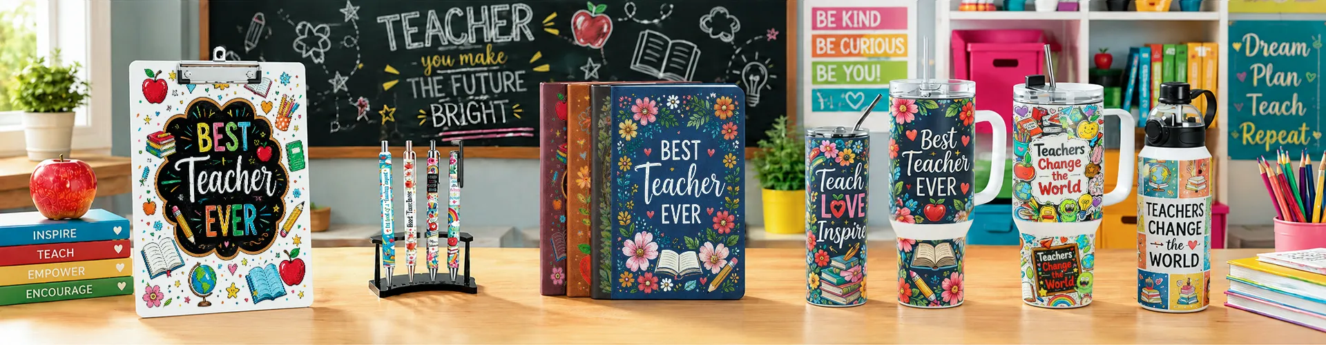 Back to school sublimation products including customized notebooks pens tumblers and teacher gifts