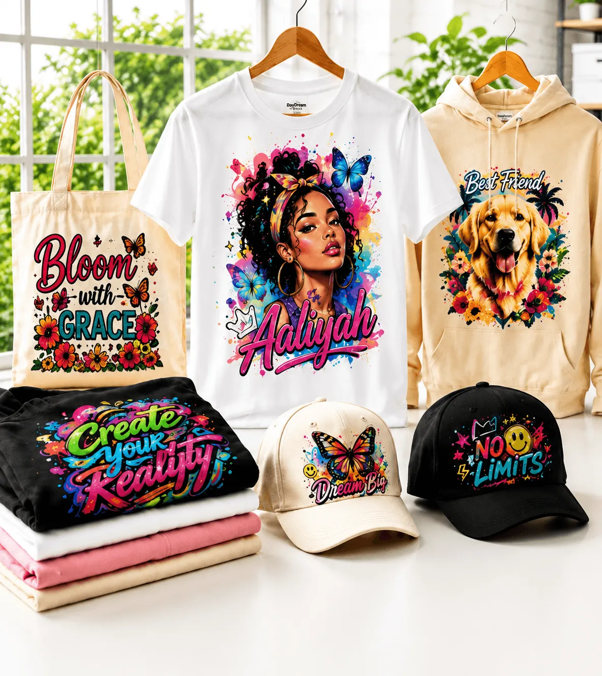 Colorful custom sublimation T-shirts hoodies tote bags and caps