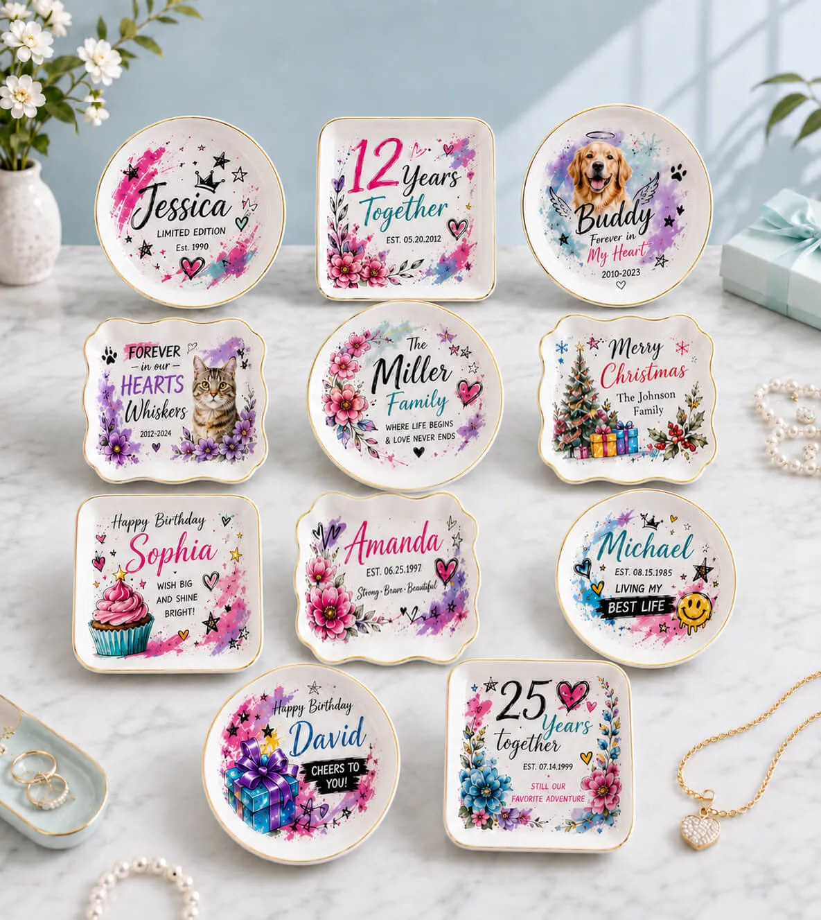 Personalized ceramic jewelry dishes printed with names, pets, anniversaries, birthdays, and family messages