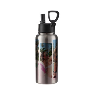 Stainless Steel Flask with Wide Mouth Straw Lid & Rotating Handle(32oz/950ml,Sublimation Blank,Silver)