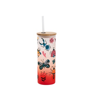 Frosted Glass Skinny Tumbler w/Straw & Bamboo Lid(17oz/500ml,Sublimation Blank,Red)