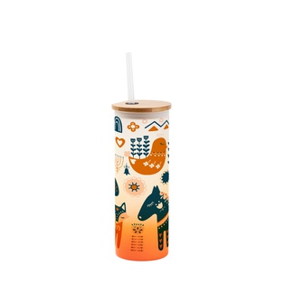 Frosted Glass Skinny Tumbler w/Straw & Bamboo Lid(17oz/500ml,Sublimation Blank,Orange)