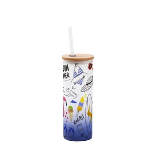 Frosted Glass Skinny Tumbler w/Straw & Bamboo Lid(17oz/500ml,Sublimation Blank,Dark Blue)
