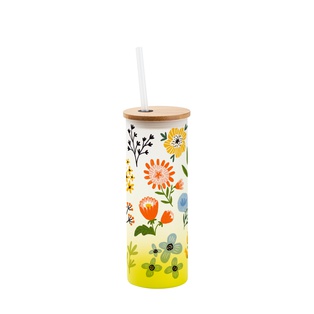 Frosted Glass Skinny Tumbler w/Straw & Bamboo Lid(17oz/500ml,Sublimation Blank,Lemon yellow)