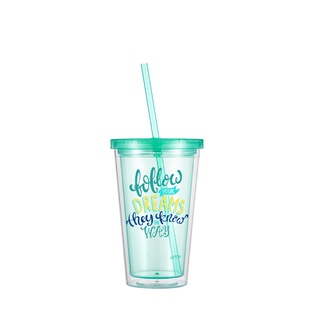 16OZ/473ml Double Wall Clear Plastic Tumbler with Straw & Lid (Light Green)