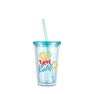 16OZ/473ml Double Wall Clear Plastic Tumbler with Straw & Lid (Light Blue)