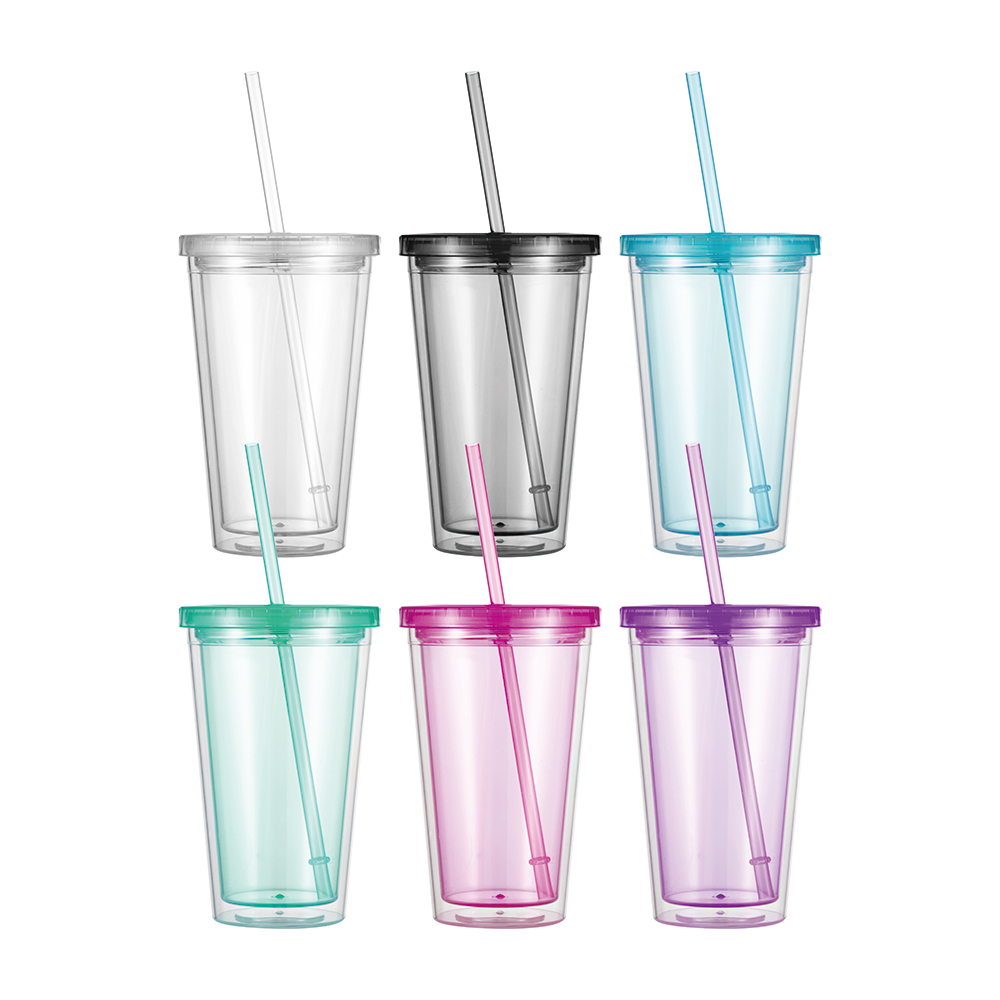 16OZ/473ml Double Wall Clear Plastic Tumbler with Straw & Lid (Rose Red)