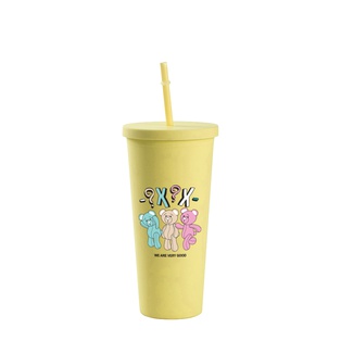 24OZ/700ml Double Wall Plastic Tumbler with Straw & Lid (Yellow, Paint)
