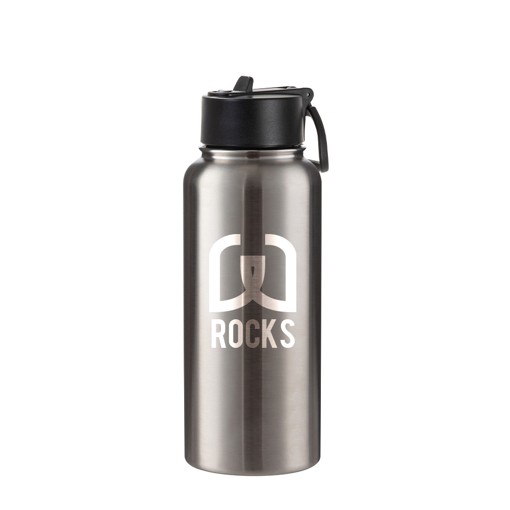 32oz/950ml Stainless Steel Flask with Wide Mouth Straw Lid &amp; Rotating Handle (Plain, Stainless steel)