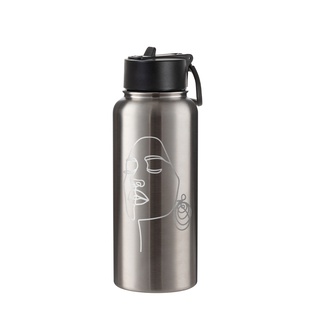 32oz/950ml Stainless Steel Flask with Wide Mouth Straw Lid & Rotating Handle (Plain, Stainless steel)