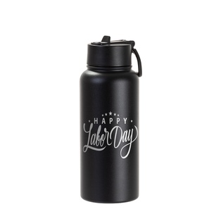 32oz/950ml Stainless Steel Flask with Wide Mouth Straw Lid & Rotating Handle (Powder Coated, Black)