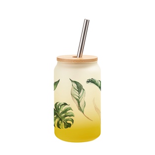 13oz/400ml Glass Mugs Gradient Yellow with Bamboo lid & Metal Straw