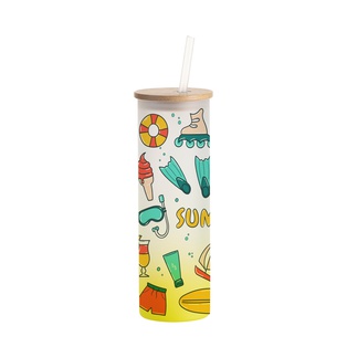 20oz/600ml Glass Skinny Tumbler w/Straw & Bamboo Lid(Frosted, Gradient Lemon Yellow)