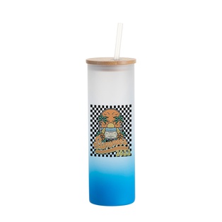 20oz/600ml Glass Skinny Tumbler w/Straw & Bamboo Lid(Frosted, Gradient Light Blue)