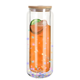 Sublimation Snow Globe Glass Can Blank Double Wall with bamboo lid (Clear, 15oz/450ml)