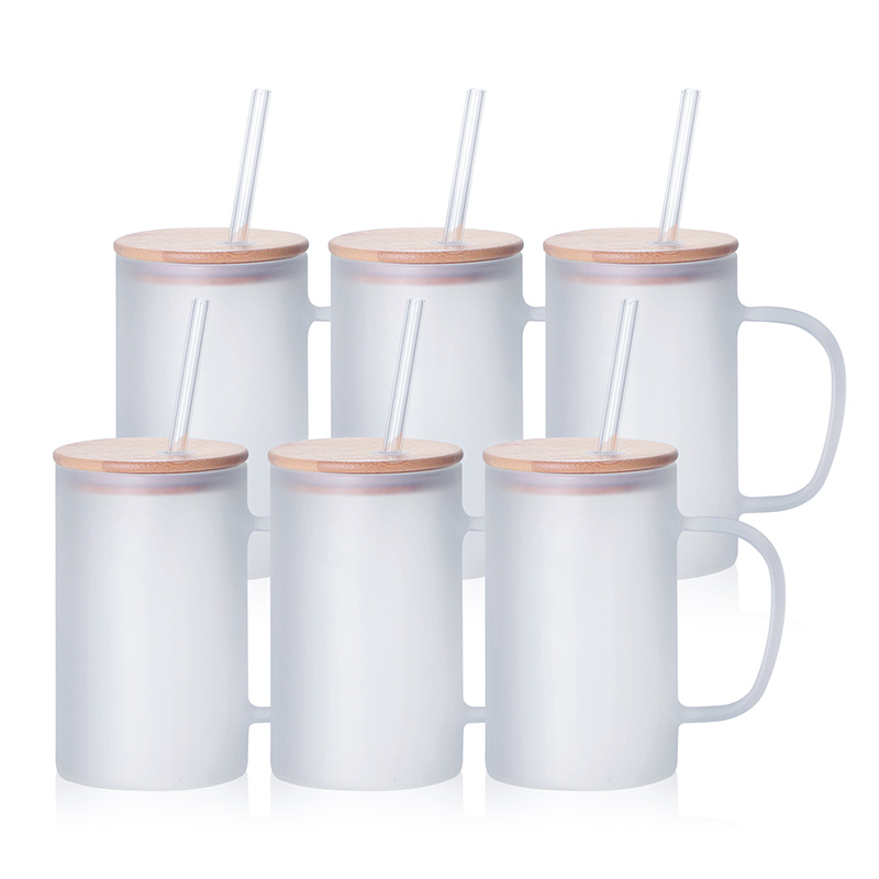 18oz/540ml Glass Mug Frosted White with Bamboo Lid and Glass Straw