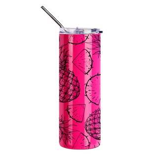 20oz/600ml  Stainless Steel Neon Travel Tumbler with Metal Straw & Dust-Proof Slide Lid (Glossy Rose Red)
