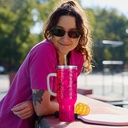 40oz/1200ml Stainless Steel Neon Travel Tumbler with Plastic Handle, Plastic Straw &amp; Leak-Proof Slide Lid (Glossy Rose Red)