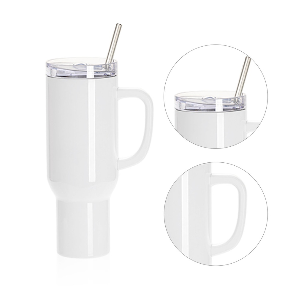 40oz/1200ml White Stainless Steel  Tumbler with White Plastic Handle, Plastic Straw &amp; Leak-Proof Slide Lid