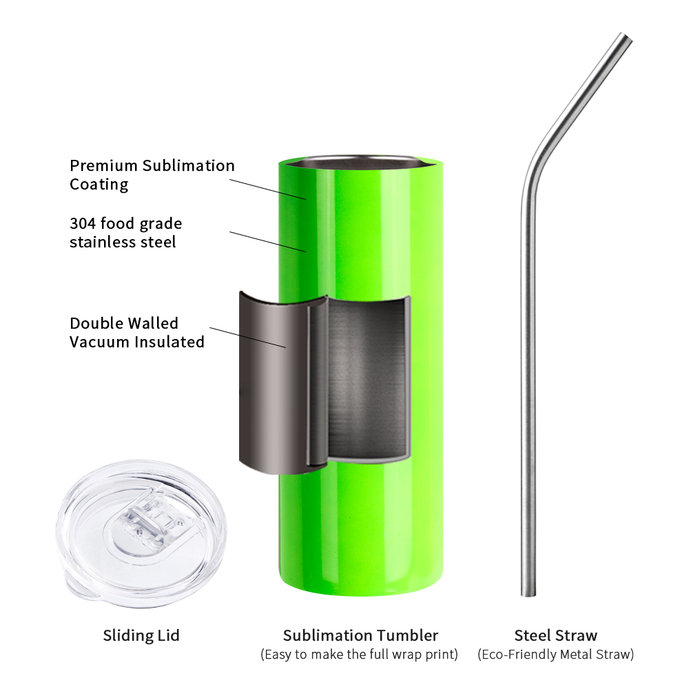 20oz/600ml  Stainless Steel Neon Travel Tumbler with Metal Straw &amp; Dust-Proof Slide Lid (Glossy Green)