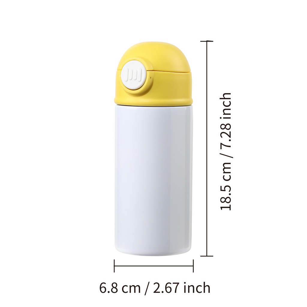 Sublimation Kids Water Bottle Glossy White with Yellow Pop Lid 12oz 360ml