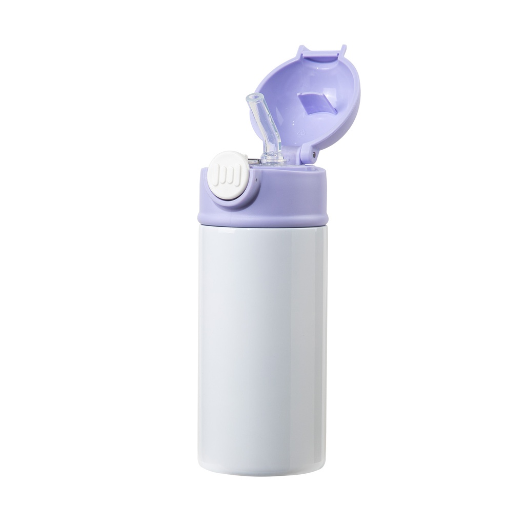 Sublimation Kids Water Bottle Glossy White with Purple Pop Lid 12oz 360ml