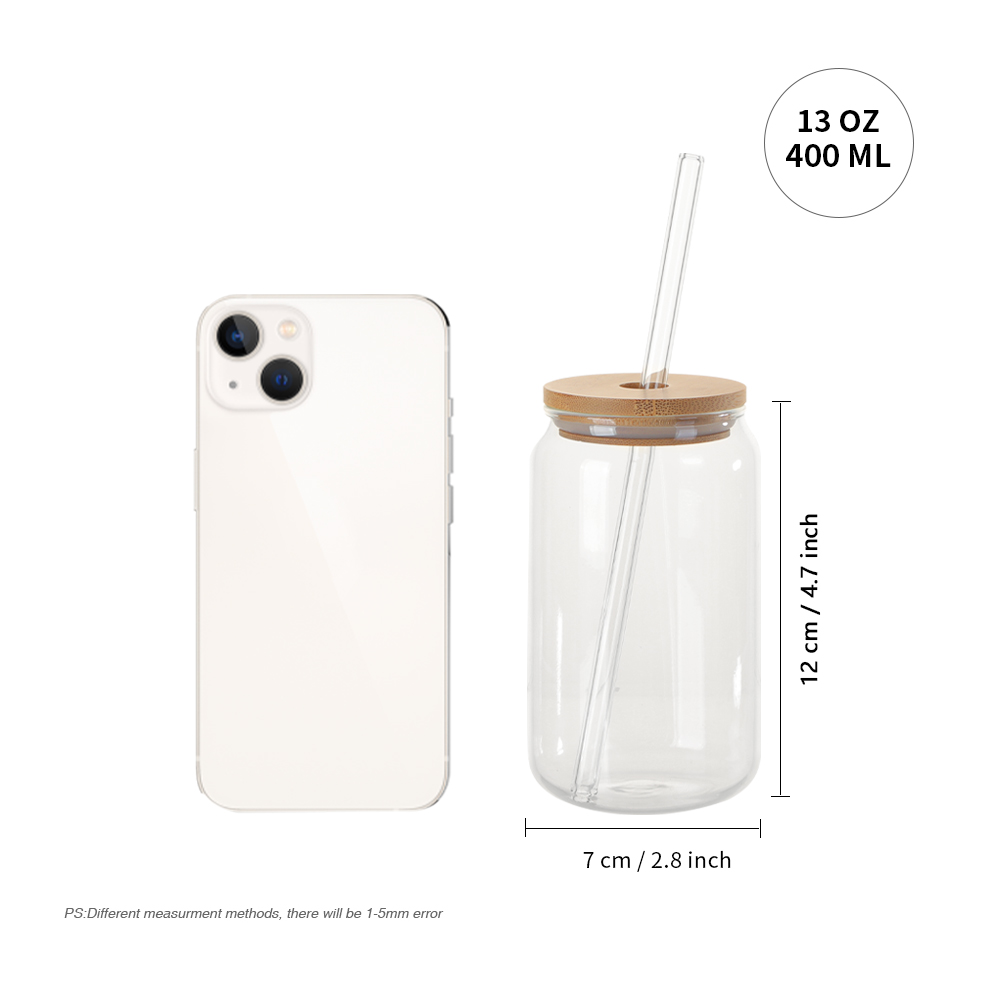 13oz/400ml Clear Glass Mugs with Bamboo lid &amp; Glass Straw