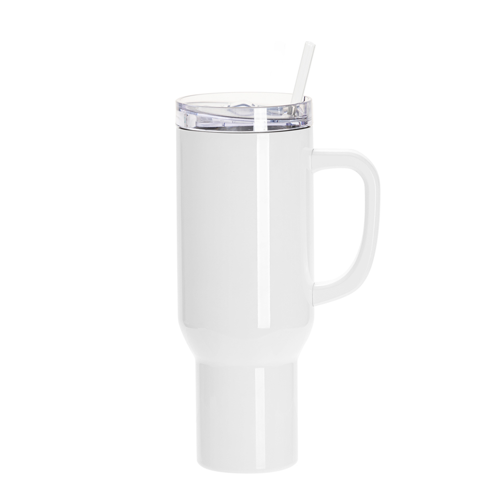 40oz/1200ml White Stainless Steel  Tumbler with White Plastic Handle, Plastic Straw &amp; Leak-Proof Slide Lid