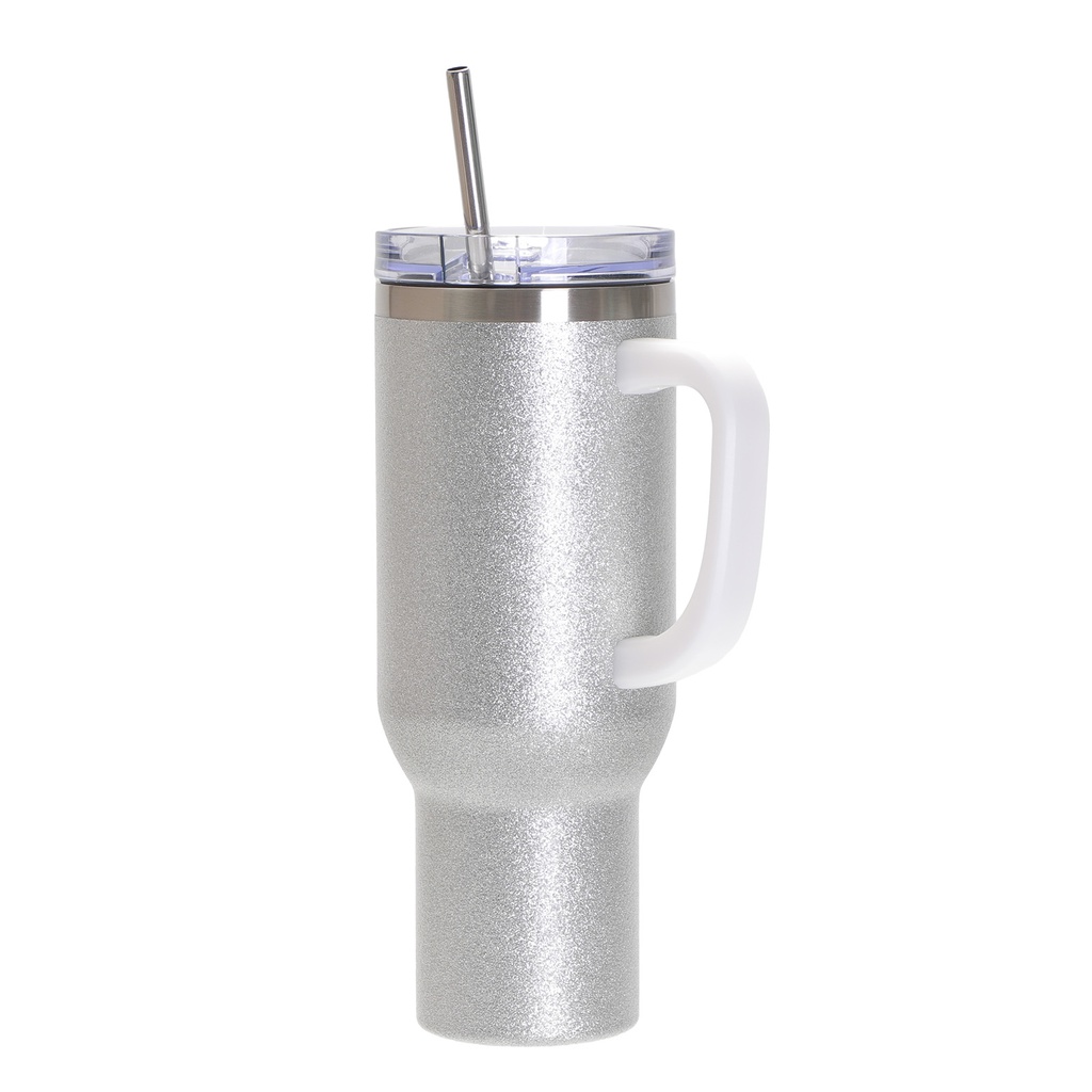 40oz/1200ml Stainless Steel Tumbler with Plastic Handle, Metal Straw &amp; Leak-Proof Slide Lid (Glitter Silver)