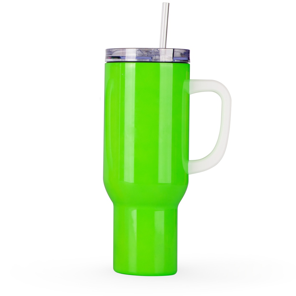 40oz/1200ml Stainless Steel Neon Travel Tumbler with Plastic Handle, Plastic Straw &amp; Leak-Proof Slide Lid (Glossy Green)