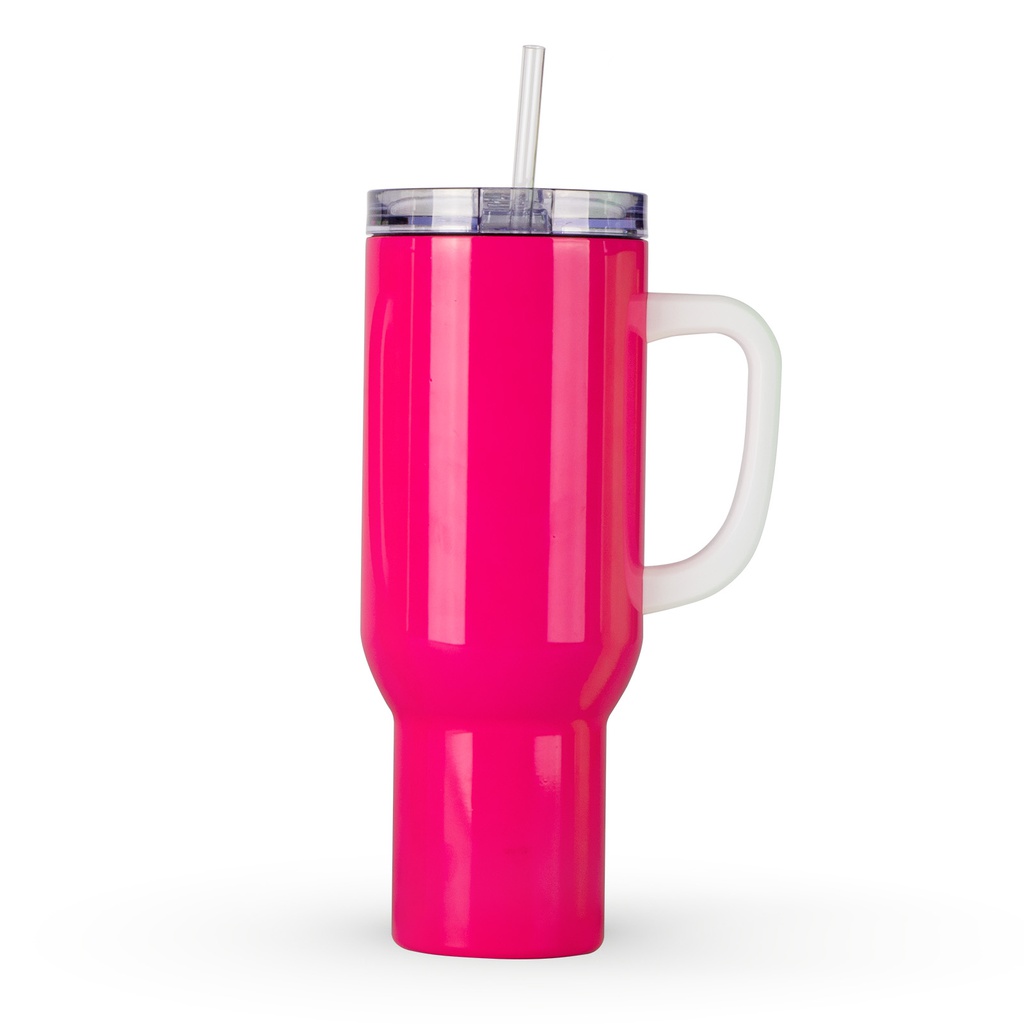 40oz/1200ml Stainless Steel Neon Travel Tumbler with Plastic Handle, Plastic Straw &amp; Leak-Proof Slide Lid (Glossy Rose Red)