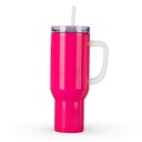 40oz/1200ml Stainless Steel Neon Travel Tumbler with Plastic Handle, Plastic Straw &amp; Leak-Proof Slide Lid (Glossy Rose Red)