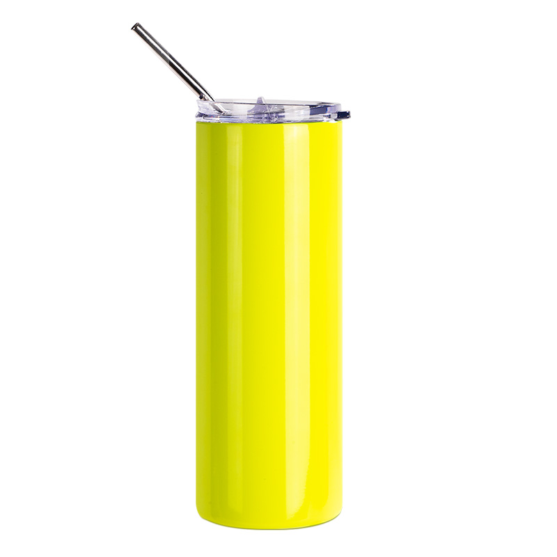 20oz/600ml Stainless Steel Neon Travel Tumbler with Metal Straw &amp; Dust-Proof Slide Lid (Glossy Yellow)