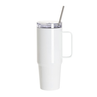 30oz/900ml Stainless Steel Travel Tumbler With Handle, Metal Straw And Screw Top (White)