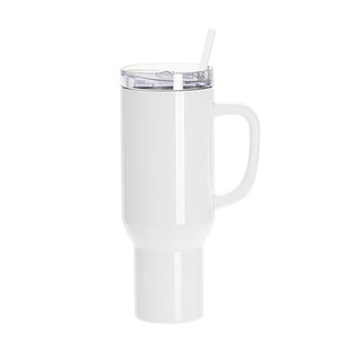 40oz/1200ml White Stainless Steel  Tumbler with White Plastic Handle, Plastic Straw & Leak-Proof Slide Lid