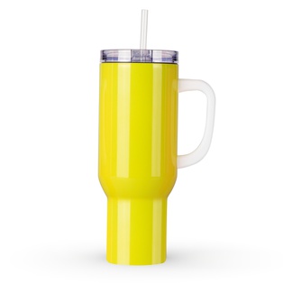 40oz/1200ml Stainless Steel Neon Travel Tumbler with Plastic Handle, Plastic Straw & Leak-Proof Slide Lid (Glossy Yellow)